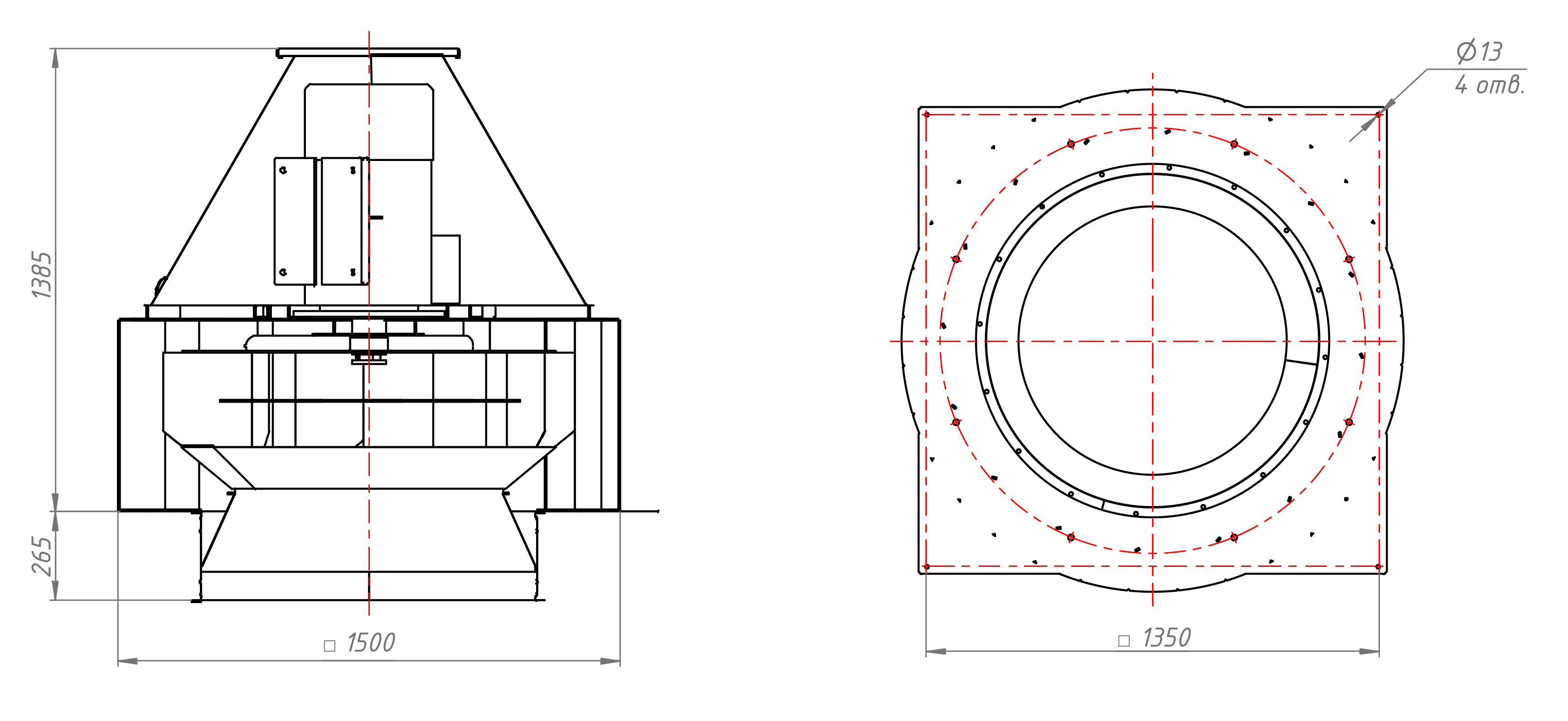 Габаритные и присоединительные размеры крышного вентилятора ВКРС №11,2